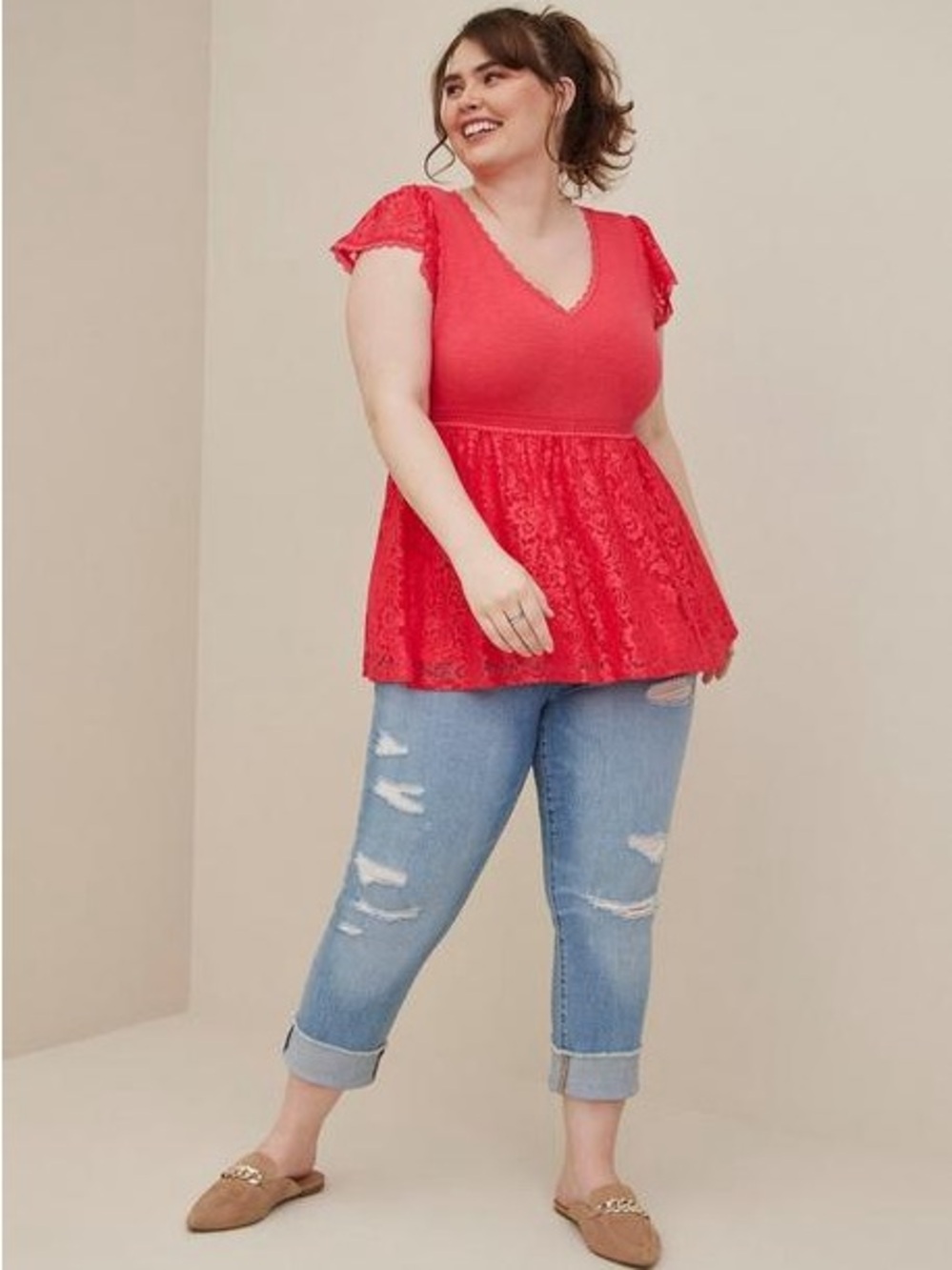 NWT - Torrid Babydoll Fabric Mix V-Neck Lace Trim Top in Teaberry - Size 2X
